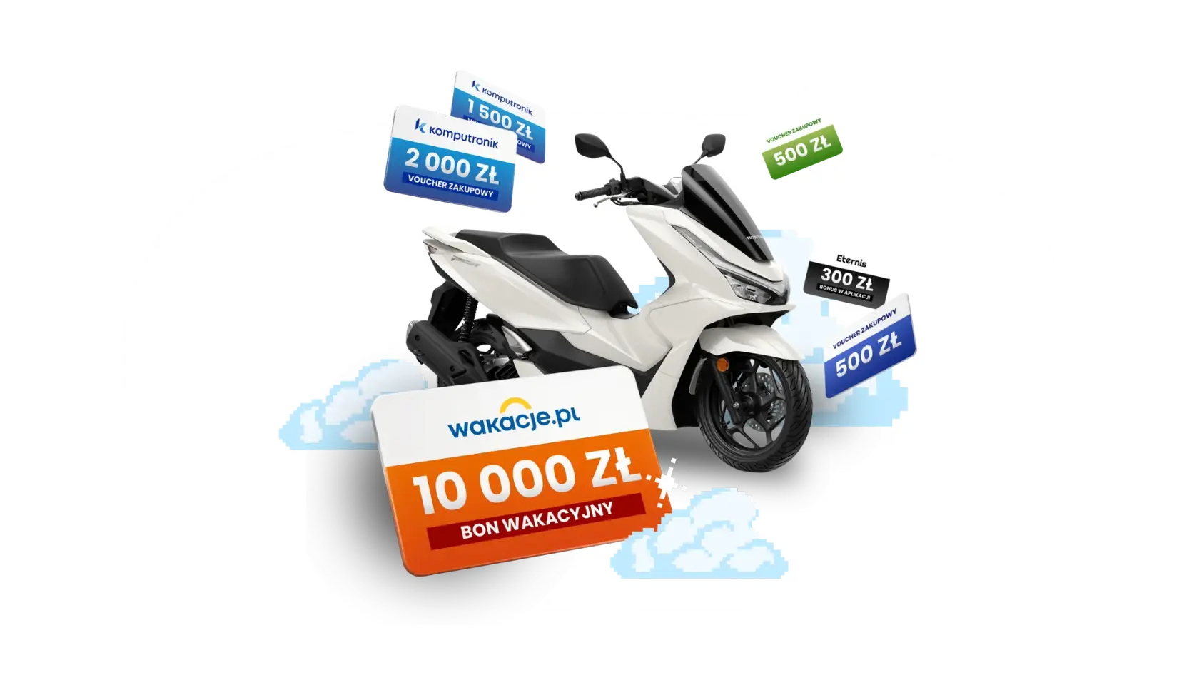 Eternis+ prizes: Honda PCX 125 scooter, PLN 10,000 Wakacje.pl holiday voucher, Komputronik vouchers and bonuses