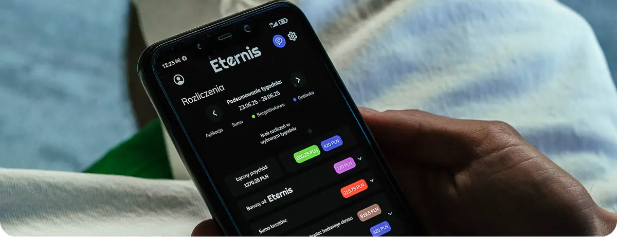 Aplikacja Eternis na telefonie - rozliczenia i wypłaty