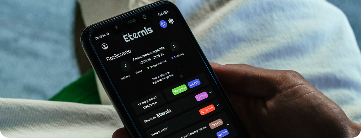 Aplikacja Eternis na telefonie — rozliczenia i wypłaty